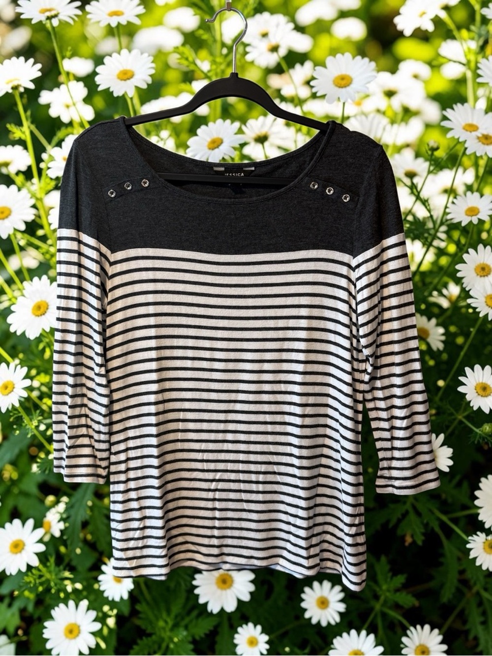 Jessica Dark Grey & Off-White Striped 3/4 Sleeve Top with Silver Button Detail